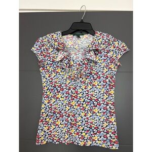 Lauren Ralph Lauren Floral Ruffle V-Neck Cotton Top XS Multi Color Cap Sleeve